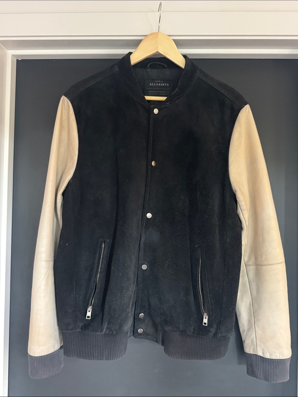 All Saints Two-Tone Bomber Jacket — Black Body with Cream Sleeves XL (fits LG) - Picture 6 of 11